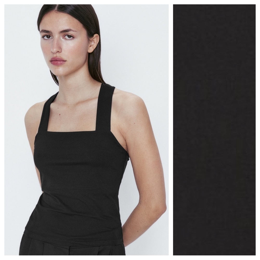 NWT. Massimo Dutti Black Cotton Top with Criss-Cross Back Straps. Size L.